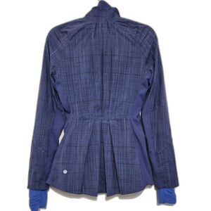 Lululemon Ahead of the Curve Jacket 4 Blue Plaid Pleated Peplum Running Ruffle